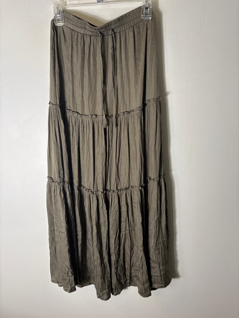 Versona Olive Green Silky Tiered Maxi Skirt Sz XS